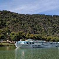 MS Switzerland Flusskreuzfahrtschiff auf ruhigem Wasser mit bewaldeten Bergen und kleinem Dorf im Hintergrund unter blauem Himmel.