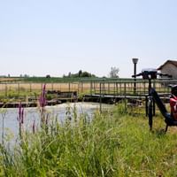 Tourenrad mit roten Taschen am Kanal im Burgund. Grüne Vegetation säumt den Wasserweg, mit Feldern und einem kleinen Gebäude im Hintergrund.