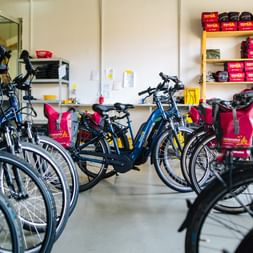 Innen-Fahrradlager mit zahlreichen schwarzen Fahrrädern in Reihen aufgestellt. Rote Aufbewahrungsboxen stehen auf Holzregalen an der Rückwand.