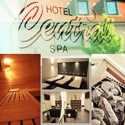 Collage des Hotel Central Spa in Zeven mit Sauna, Ruheraum mit Liegen, Loungebereich mit Sesseln und Saunasteinen.