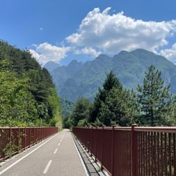 Gerader Radweg auf umgebauter Eisenbahnbrücke mit roten Metallgeländern, umgeben von grünen Wäldern und Bergen unter blauem Himmel mit Wolken.