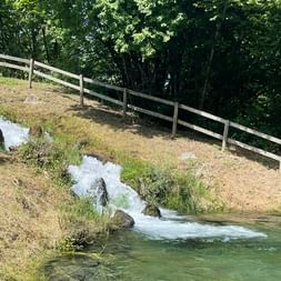 Kleiner Bach mit weißem Schaum fließt einen grasbewachsenen Hang hinunter in einen grünen Teich. Holzzaun und Fahrräder am Weg darüber.