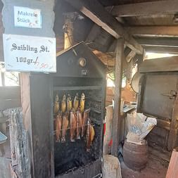 Inneres einer traditionellen Räucherei mit goldenen Räucherfischen in einer dunklen Räucherkammer. Preisschilder zeigen Makrele und Räublingst.