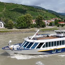 Flusskreuzfahrtschiff SE Manon mit blau-gelbem Rumpf fährt auf der Donau. Terrassierte Weinberge und ein Dorf auf Hügeln im Hintergrund.