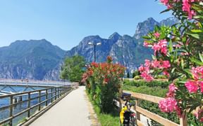 Seeuferradweg in Torbole mit rosa Oleander-Blüten, Holzgeländer und dramatischen Bergen am Gardasee unter blauem Himmel.