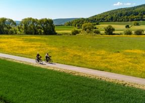 Zwei Radfahrer fahren auf einem asphaltierten Weg durch die hügelige Landschaft des Weserberglandes mit grünen Feldern, gelben Blumenwiesen und bewaldeten Hügeln.
