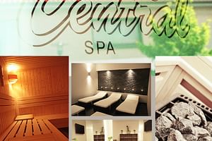 Collage des Hotel Central Spa in Zeven mit Sauna, Ruheraum mit Liegen, Loungebereich mit Sesseln und Saunasteinen.