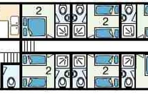 Deck plan of MS Sarah showing cabin layout with numbered rooms, bathrooms, dining area, and common spaces in a linear ship design.
