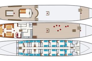 Dreistöckiger Deckplan des Segelschiffs Antigua mit oberem Sonnendeck, Hauptdeck mit Loungebereich und unterem Deck mit Passagierkabinen.