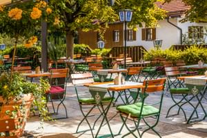 Traditioneller bayerischer Biergarten im Hotel Seeblick mit grünen Metallstühlen, Holztischen und karierten Kissen unter Bäumen.