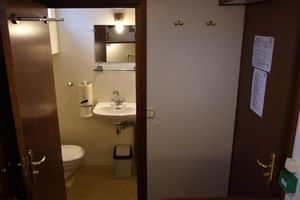 Compact bathroom on MS Flora ship with white sink, toilet, mirror with lighting, and wooden door frames. White towels hang on wall hooks.