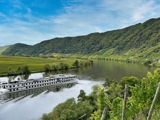 MS Olympia Flusskreuzfahrtschiff auf ruhigem Fluss mit grünen Weinberghängen, bewaldeten Hügeln und kleinem Dorf im Hintergrund unter blauem Himmel.