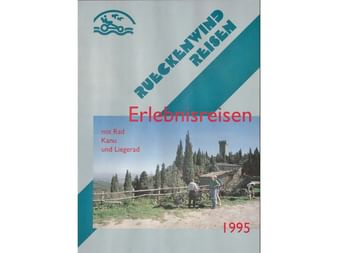 Titelbild des Rückenwind Reisen Katalogs 1995 mit Radfahrern auf einem Weg vor Schloss und Zypressen. Text: 'Erlebnisreisen mit Rad, Kanu und Liegerad'.