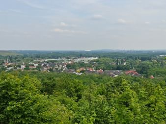 Panoramablick vom Tetraeder über Essen mit dichten grünen Baumkronen im Vordergrund und Wohngebieten mit Kirchtürmen in der Ferne.