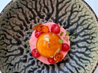 Rosa Mousse-Dessert mit oranger Kugel, roten Beeren und Microgreens auf strukturiertem Keramikteller in der Brasserie Maritime in Zeeland.