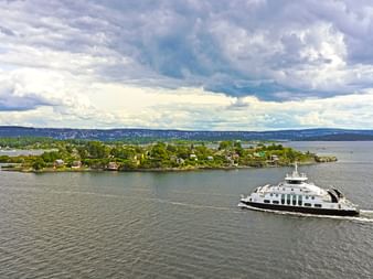 Weiße Passagierfähre fährt auf dem Oslofjord an einer grünen Insel mit Häusern vorbei. Bewölkter Himmel und ferne Hügel im Hintergrund.