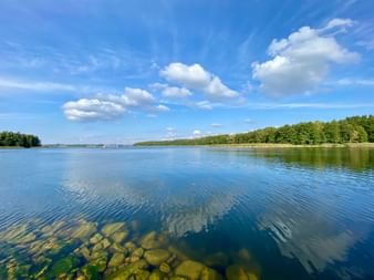 Kristallklarer See in Masuren, Polen mit sichtbaren Steinen am Grund. Dichter grüner Wald säumt die Ufer unter blauem Himmel mit weißen Wolken.