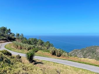 Gewundene Küstenstraße durch grüne Hügel bei Colares mit Atlantikblick. Klarer blauer Himmel und mediterrane Vegetation sichtbar.