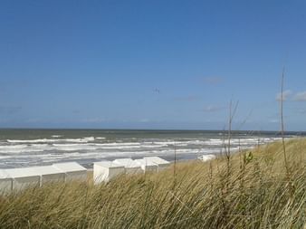 Blick auf die belgische Nordseeküste bei Brügge mit strandgrasbewachsenen Dünen im Vordergrund und weißen Schaumkronen unter blauem Himmel.