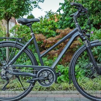 Dunkelgraues Hybridfahrrad mit Federgabel, Gepäckträger und Scheibenbremsen auf gepflasterter Fläche neben üppigen Gartenpflanzen.