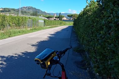 Fahrrad mit gelber Tasche auf asphaltierter Straße in der Toskana, mit grünen Hecken, Hügeln und italienischer Flagge in sonniger Landschaft.