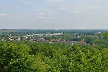 Panoramablick vom Tetraeder über Essen mit dichten grünen Baumkronen im Vordergrund und Wohngebieten mit Kirchtürmen in der Ferne.
