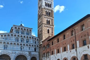 Mittelalterliche Kathedrale mit weißer Marmorfassade und hohem Backsteinturm in Lucca, Toskana. Historische Gebäude umgeben den Platz mit Touristen.