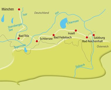 Karte der Radroute von München nach Salzburg über Bad Tölz, Schliersee, Bad Feilnbach, Inzell und Bad Reichenhall mit Flüssen und Seen.