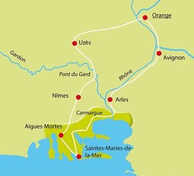 Routenkarte mit Radweg durch Provence und Camargue, der die Städte Orange, Uzès, Avignon, Arles, Nîmes und Saintes-Maries-de-la-Mer verbindet.