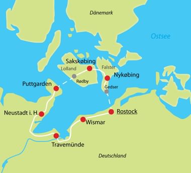 Karte mit Radroute entlang der Ostseeküste von Travemünde über Wismar, Rostock, Nykøbing bis Sakskøbing, markiert mit roten Punkten und weißer Linie.