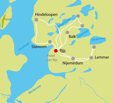 Karte mit Radwegen in Gaasterland, Niederlande, mit Rijs als Mittelpunkt und Routen nach Stavoren, Balk, Lemmer und Nijemirdum in Seennähe.