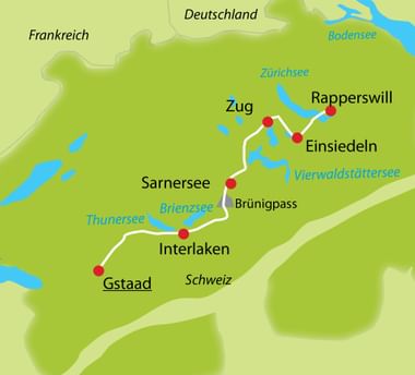 Radroute durch die Schweiz von Gstaad nach Rapperswil über Interlaken, Brünigpass, Sarnersee, Einsiedeln und Zug. Zeigt Seen und Grenzen.