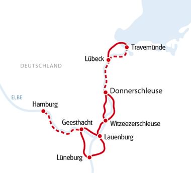 Karte der Rad- und Schiffroute von Hamburg nach Lübeck über Travemünde mit Stationen in Geesthacht, Lauenburg, Wittzeezerschleuse und Donnerschleuse.