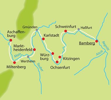 Map showing Main cycle route through Franconian cities including Aschaffenburg, Würzburg, Schweinfurt and Bamberg with blue river lines and red dots.