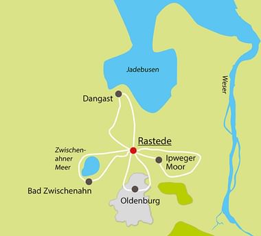 Karte mit Radwegen von Rastede nach Dangast, Bad Zwischenahn, Ipweger Moor und Oldenburg. Jadebusen und Weser sind sichtbar.