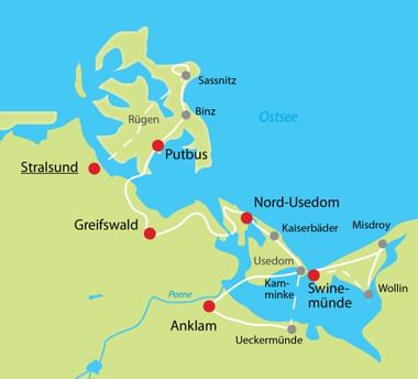 Karte der Ostseeinseln Rügen, Usedom und Wollin mit markierten Orten wie Stralsund, Putbus, Greifswald, Kamminke und Swinemünde.