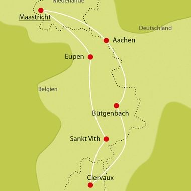 Map showing Vennbahn cycling route connecting cities Maastricht, Aachen, Eupen, Bütgenbach, Sankt Vith and Clervaux across Netherlands, Germany, Belgium and Luxembourg.