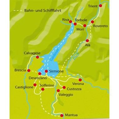 Karte mit Radrouten rund um den Gardasee mit weißen gestrichelten Linien, die Orte wie Riva, Torbole, Verona, Mantua und Brescia verbinden.