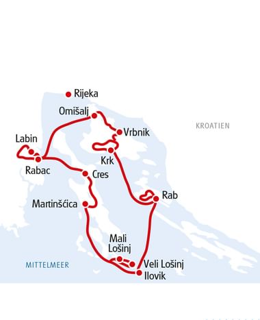 Karte mit Radroute in der Kvarner Bucht mit roter Linie durch Städte wie Rijeka, Omišalj, Vrbnik, Krk, Rab, Cres und Ilovik.
