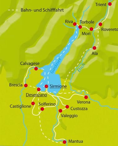 Karte der Gardasee-Region mit Radrouten, die durch weiße gestrichelte Linien Städte wie Riva, Torbole, Desenzano und Verona verbinden.