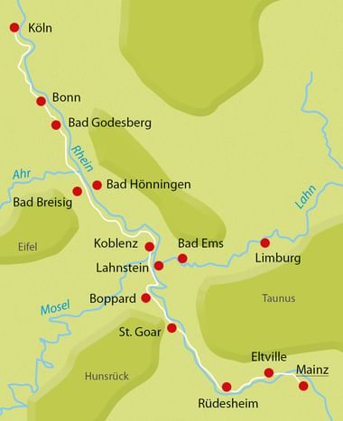 Karte des Rhein-Radwegs durch Deutschland mit roten Punkten für Städte wie Köln, Bonn, Koblenz und Mainz entlang blauer Flusslinien.