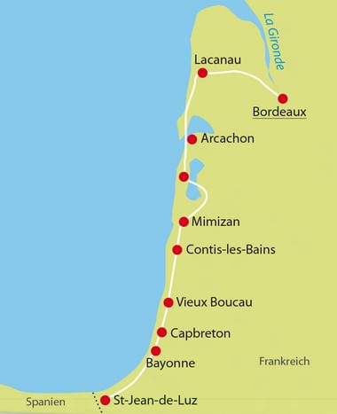 Karte der französischen Atlantikküste von Bordeaux bis Biarritz mit Radroute und roten Punkten für Städte wie Lacanau, Arcachon, Mimizan.