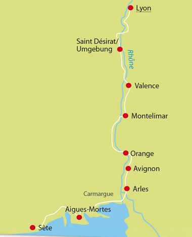 Karte der Rhône-Route von Lyon bis Sète mit roten Punkten für Städte: Lyon, Saint Désirat, Valence, Montelimar, Orange, Avignon, Arles, Aigues-Mortes und Sète entlang der blauen Flusslinie.