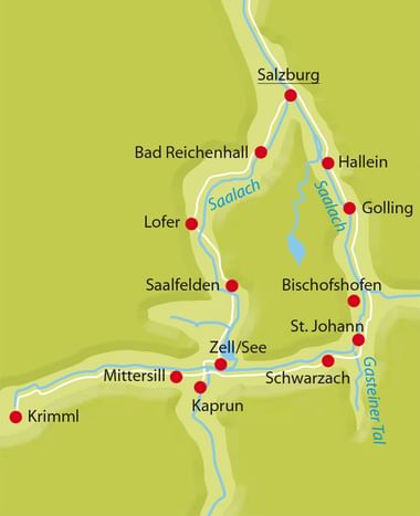 Karte der Tauern Radroute durch österreichische Städte wie Salzburg, Bad Reichenhall, Hallein, Golling und andere entlang von Flüssen.