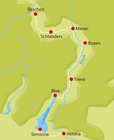 Topografische Karte mit Route von Reschen zum Gardasee über Schlanders, Meran, Bozen, Trient, Riva, Sirmione und Verona.