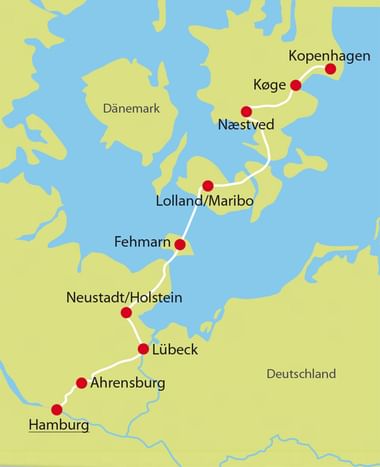 Karte mit Radroute von Hamburg über Ahrensburg, Lübeck, Neustadt, Fehmarn, Lolland/Maribo, Næstved, Køge nach Kopenhagen.