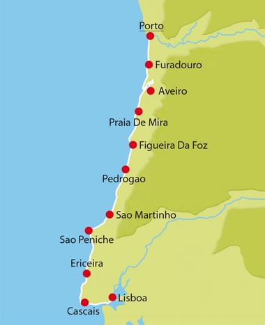 Karte der portugiesischen Küstenstädte von Porto bis Lissabon mit roten Markierungen: Porto, Furadouro, Aveiro, Praia De Mira, Figueira Da Foz, Pedrogao, Sao Martinho, Sao Peniche, Ericeira, Cascais und Lissabon.