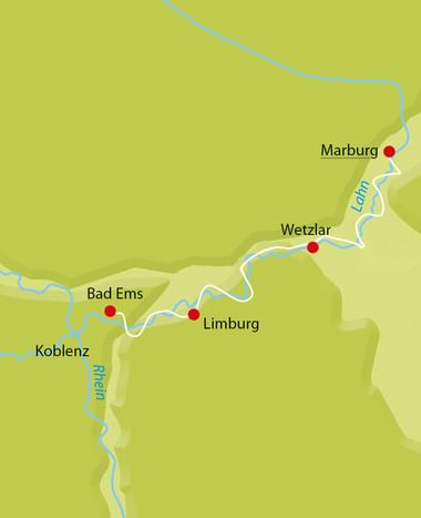 Karte des Lahn-Radwegs entlang der Flüsse Lahn und Rhein durch Marburg, Wetzlar, Limburg, Bad Ems und Koblenz in Grün- und Blautönen.