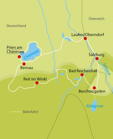 Karte der Radroute durch die Chiemgau-Region mit roten Punkten für Orte: Prien am Chiemsee, Bernau, Reit im Winkl, Bad Reichenhall, Berchtesgaden, Salzburg und Laufen/Oberndorf. Zeigt Chiemsee und Königssee.