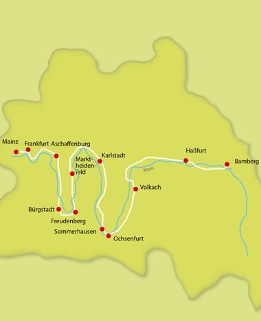 Map showing Main cycle path from Mainz through Frankfurt, Aschaffenburg, Karlstadt, Haßfurt to Bamberg with marked towns along the river.